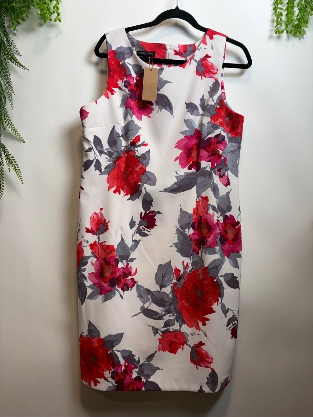 Mario Serrani White Midi Dress with Red & Gray Floral Print